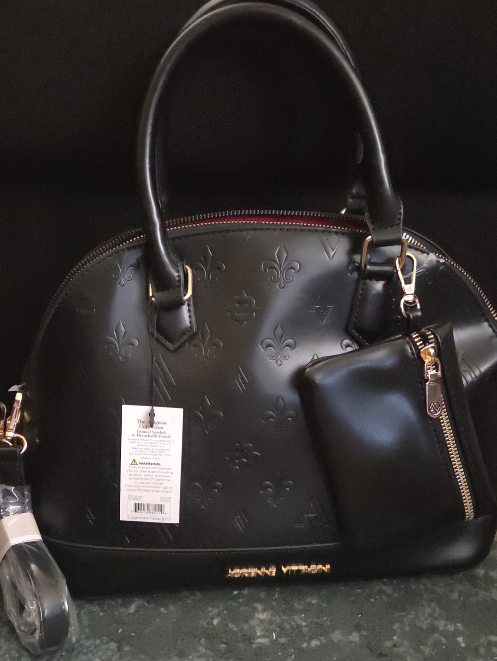 Adrienne Vittadini Black Embossed Dome Satchel with Pouch